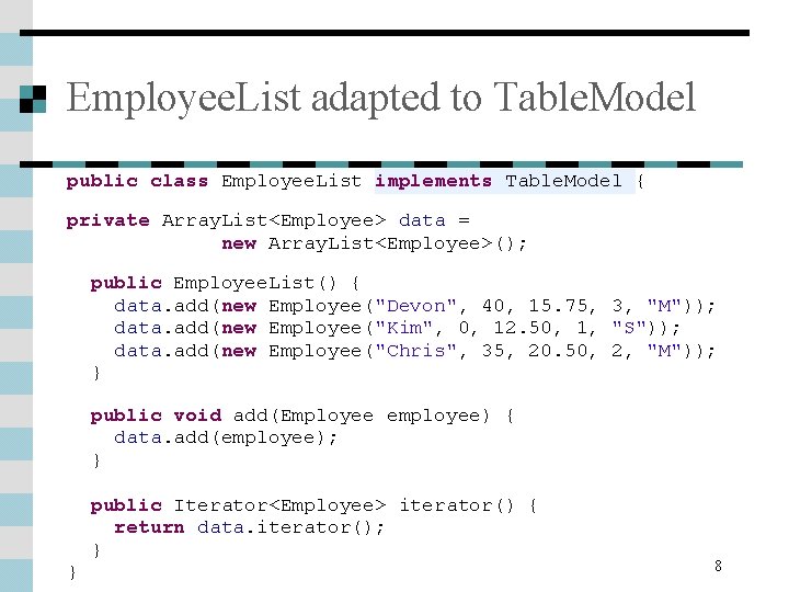 Employee. List adapted to Table. Model public class Employee. List implements Table. Model { Employee. List adapted to Table. Model public class Employee. List implements Table. Model {
