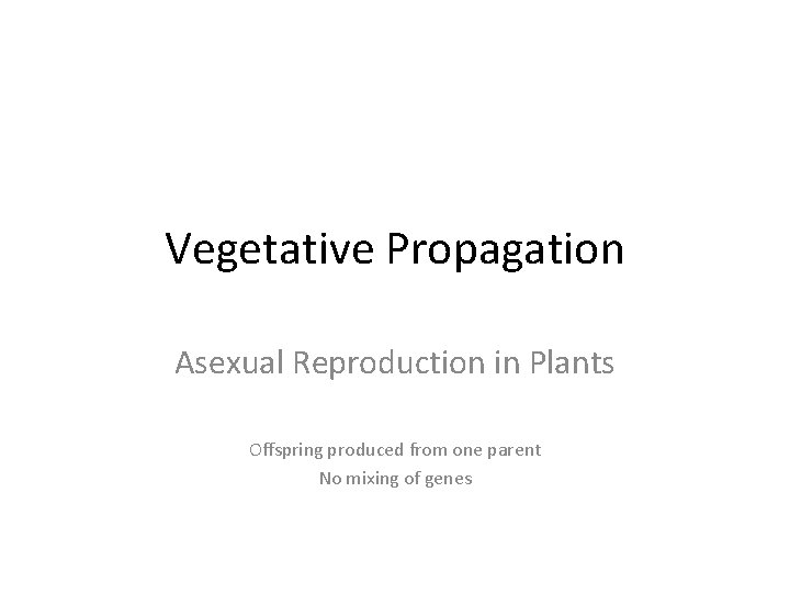 Vegetative Propagation Asexual Reproduction in Plants Offspring produced from one parent No mixing of