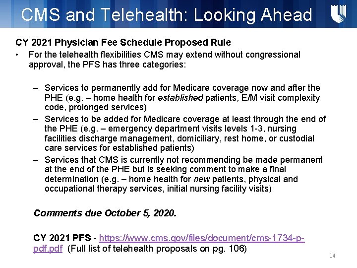 CMS and Telehealth: Looking Ahead CY 2021 Physician Fee Schedule Proposed Rule • For
