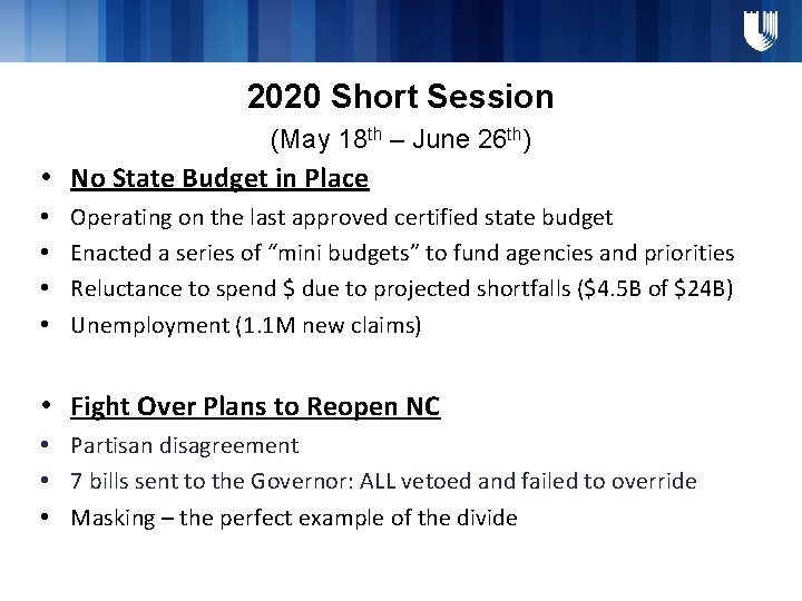 2020 Short Session (May 18 th – June 26 th) • No State Budget