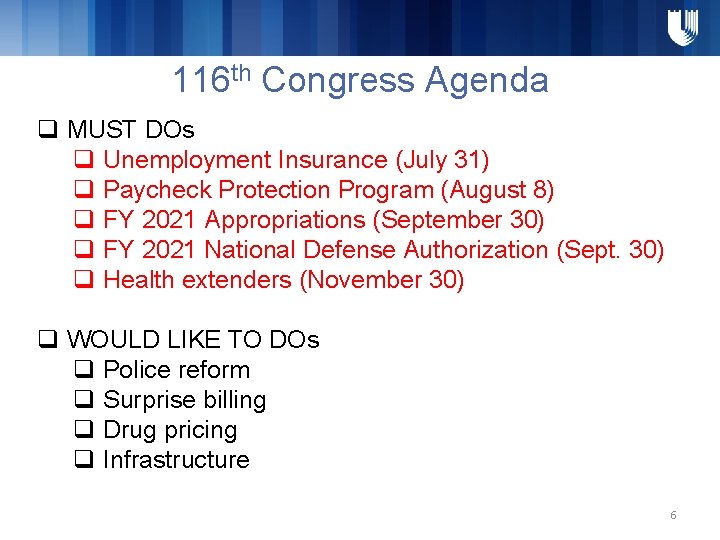 116 th Congress Agenda q MUST DOs q Unemployment Insurance (July 31) q Paycheck