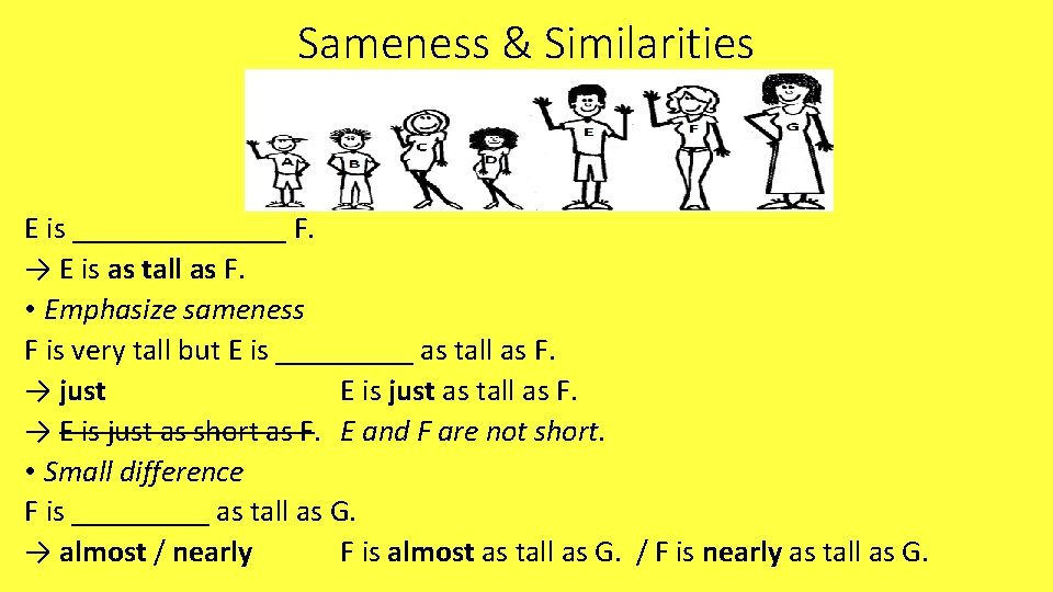 Sameness & Similarities E is _______ F. → E is as tall as F.