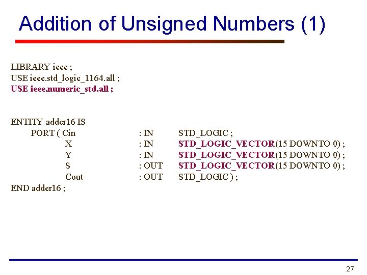 Addition of Unsigned Numbers (1) LIBRARY ieee ; USE ieee. std_logic_1164. all ; USE