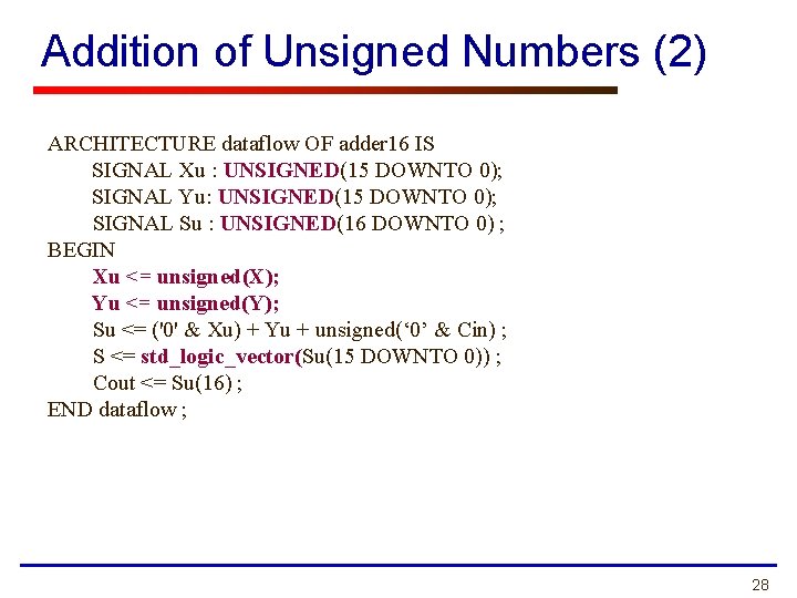 Addition of Unsigned Numbers (2) ARCHITECTURE dataflow OF adder 16 IS SIGNAL Xu :