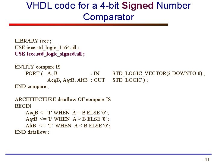 VHDL code for a 4 -bit Signed Number Comparator LIBRARY ieee ; USE ieee.