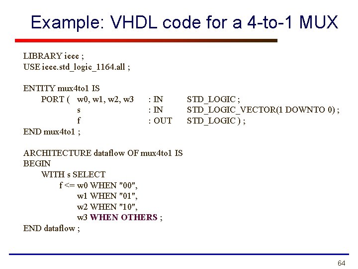 Example: VHDL code for a 4 -to-1 MUX LIBRARY ieee ; USE ieee. std_logic_1164.