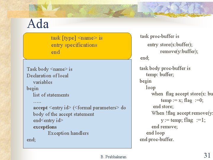Ada task [type] <name> is entry specifications end Task body <name> is Declaration of