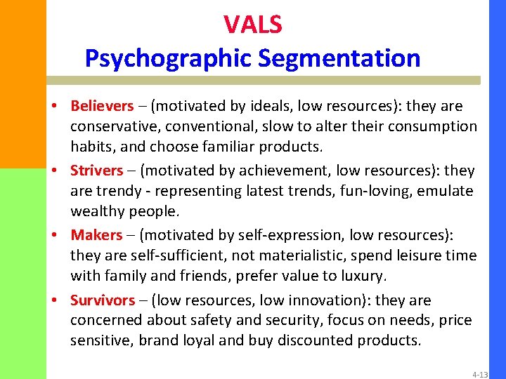 VALS Psychographic Segmentation • Believers – (motivated by ideals, low resources): they are conservative,