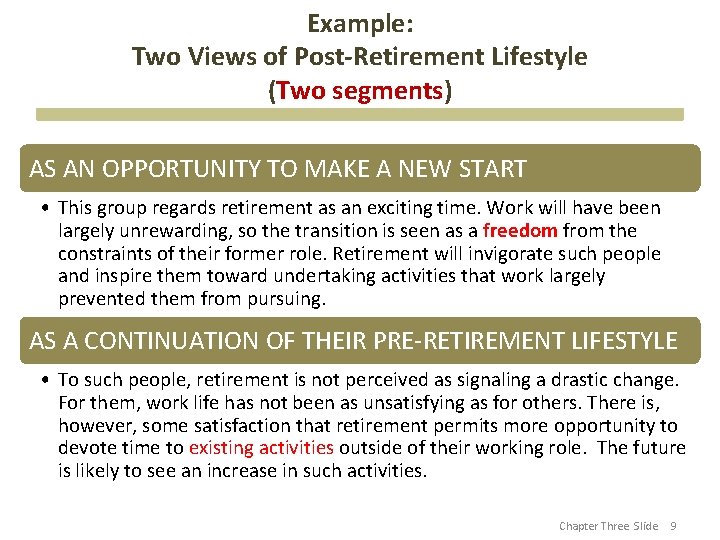 Example: Two Views of Post-Retirement Lifestyle (Two segments) AS AN OPPORTUNITY TO MAKE A