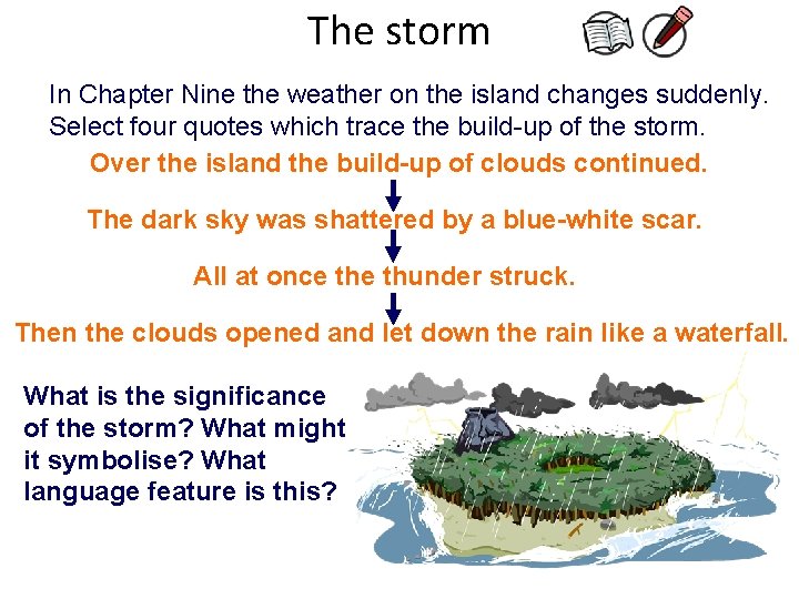 The storm In Chapter Nine the weather on the island changes suddenly. Select four