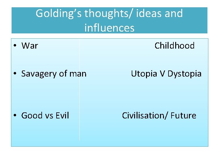 Golding’s thoughts/ ideas and influences • War • Savagery of man • Good vs