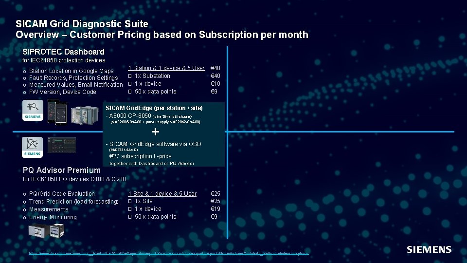 SICAM Grid Diagnostic Suite Overview – Customer Pricing based on Subscription per month SIPROTEC