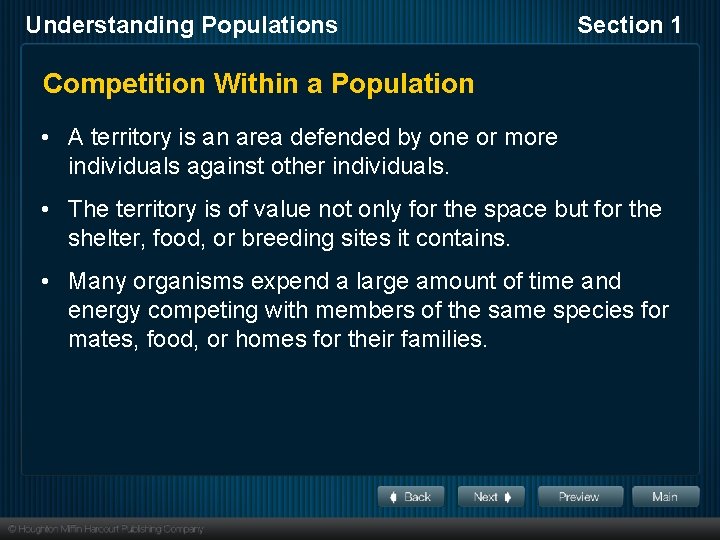 Understanding Populations Section 1 Competition Within a Population • A territory is an area