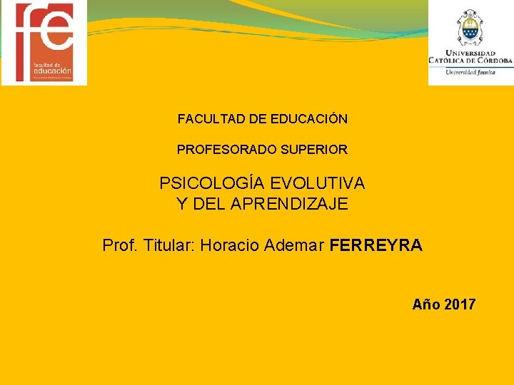 FACULTAD DE EDUCACIÓN PROFESORADO SUPERIOR PSICOLOGÍA EVOLUTIVA Y DEL APRENDIZAJE Prof. Titular: Horacio Ademar
