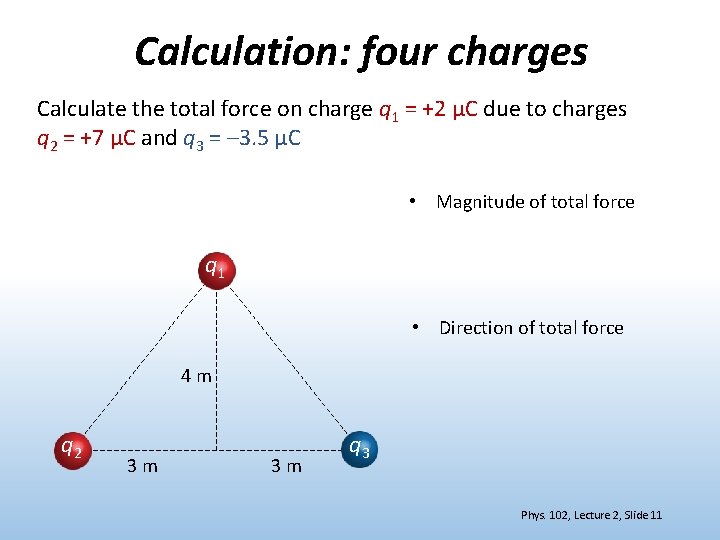 Calculation: four charges Calculate the total force on charge q 1 = +2 μC