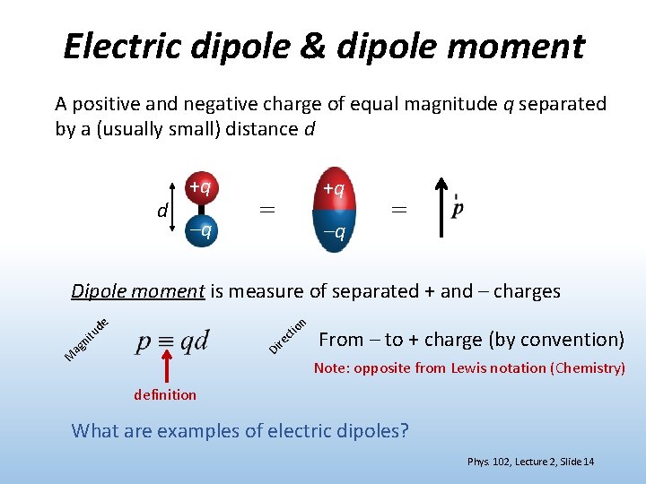 Electric dipole & dipole moment A positive and negative charge of equal magnitude q