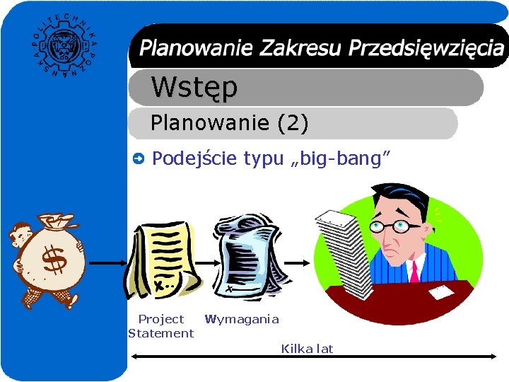 Wstęp Planowanie (2) Podejście typu „big-bang” Project Wymagania Statement Kilka lat 