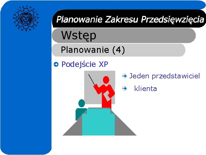 Wstęp Planowanie (4) Podejście XP Jeden przedstawiciel klienta 