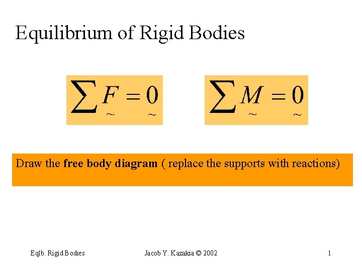 Equilibrium of Rigid Bodies Draw the free body diagram ( replace the supports with