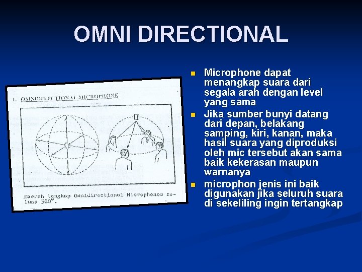 OMNI DIRECTIONAL n n n Microphone dapat menangkap suara dari segala arah dengan level