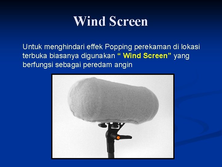 Wind Screen Untuk menghindari effek Popping perekaman di lokasi terbuka biasanya digunakan “ Wind