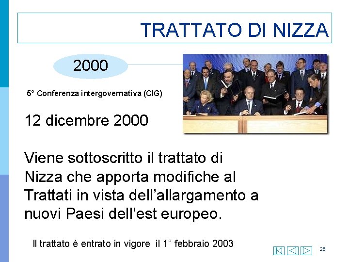 TRATTATO DI NIZZA 2000 5° Conferenza intergovernativa (CIG) 12 dicembre 2000 Viene sottoscritto il