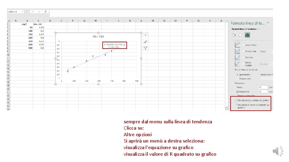 sempre dal menu sulla linea di tendenza Clicca su: Altre opzioni Si aprirà un