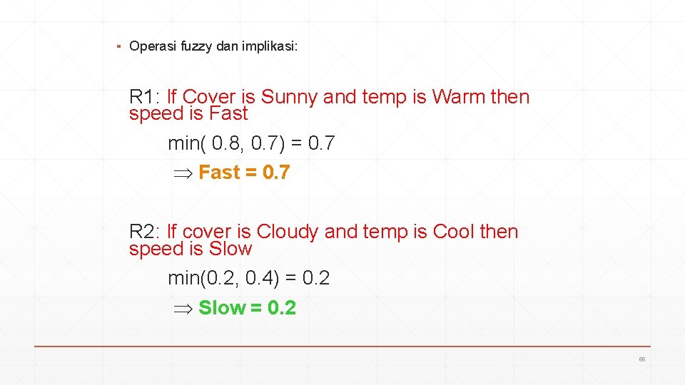 ▪ Operasi fuzzy dan implikasi: R 1: If Cover is Sunny and temp is