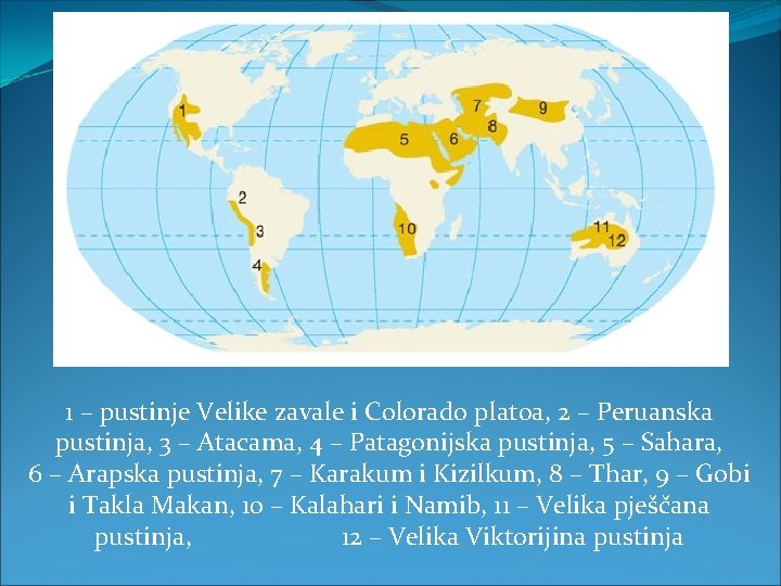 1 – pustinje Velike zavale i Colorado platoa, 2 – Peruanska pustinja, 3 –