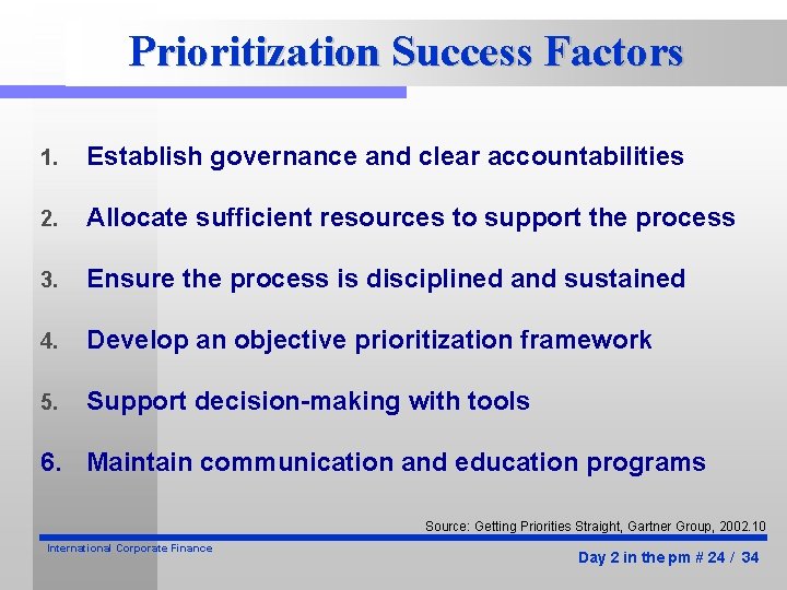 Prioritization Success Factors 1. Establish governance and clear accountabilities 2. Allocate sufficient resources to