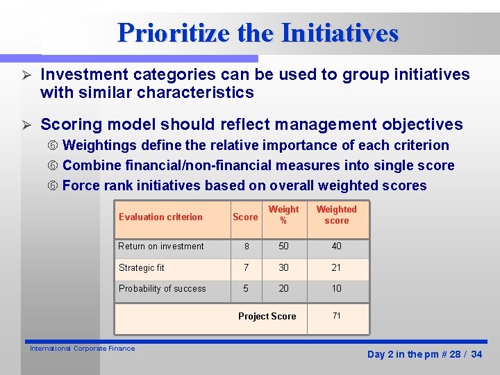 Prioritize the Initiatives Ø Investment categories can be used to group initiatives with similar