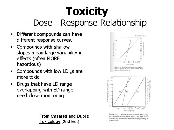 Toxicity - Dose - Response Relationship • Different compounds can have different response curves.