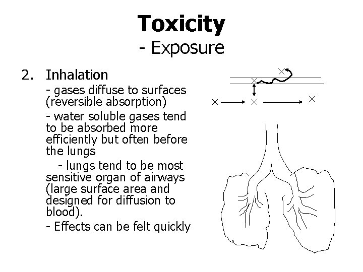 Toxicity - Exposure 2. Inhalation - gases diffuse to surfaces (reversible absorption) - water