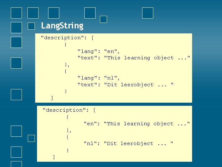 Lang. String "description": [ { "lang": "text": }, { "lang": "text": } ] "en",