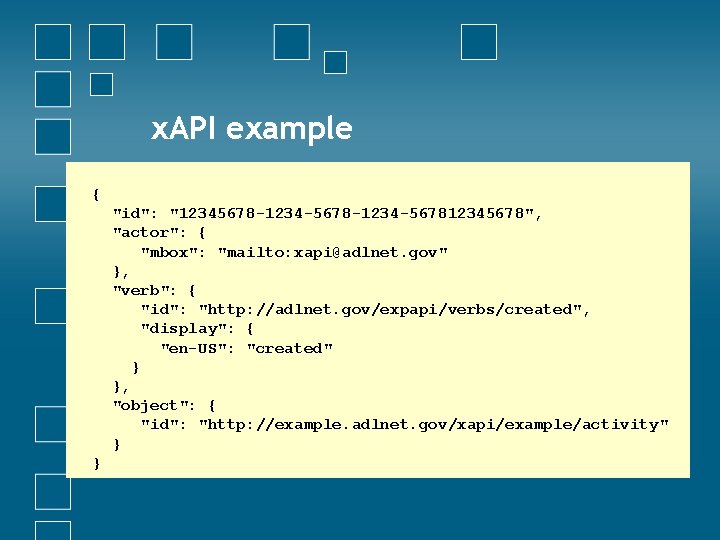 x. API example { "id": "12345678 -1234 -567812345678", "actor": { "mbox": "mailto: xapi@adlnet. gov"