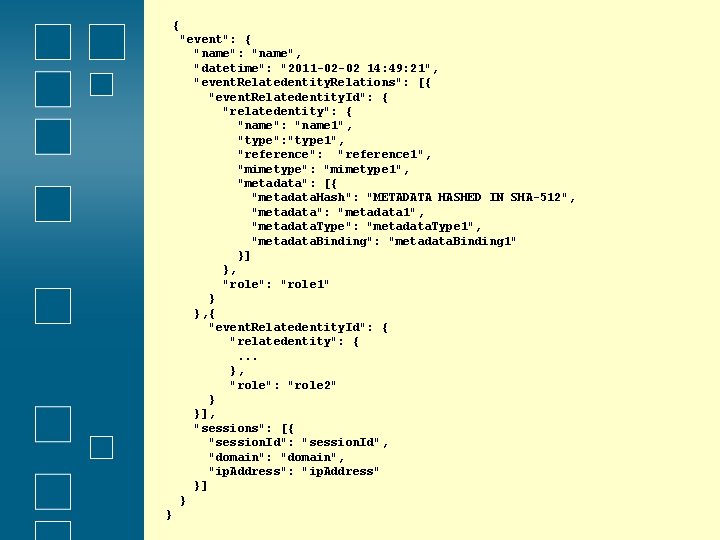 { "event": { "name": "name", "datetime": "2011 -02 -02 14: 49: 21", "event. Relatedentity.