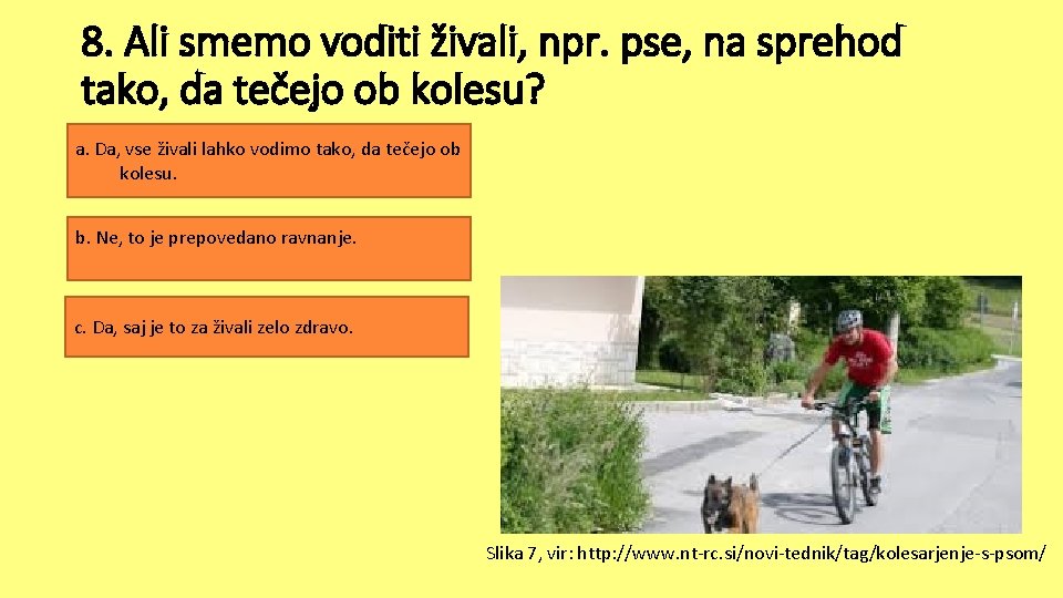 8. Ali smemo voditi živali, npr. pse, na sprehod tako, da tečejo ob kolesu? 8. Ali smemo voditi živali, npr. pse, na sprehod tako, da tečejo ob kolesu?