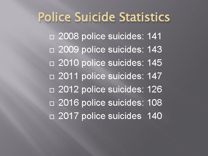 Police Suicide Statistics 2008 police suicides: 141 2009 police suicides: 143 2010 police suicides: