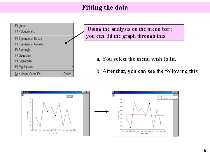 Fitting the data Using the analysis on the menu bar : you can fit