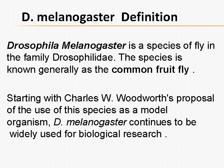 D. melanogaster Definition Drosophila Melanogaster is a species of fly in the family Drosophilidae.