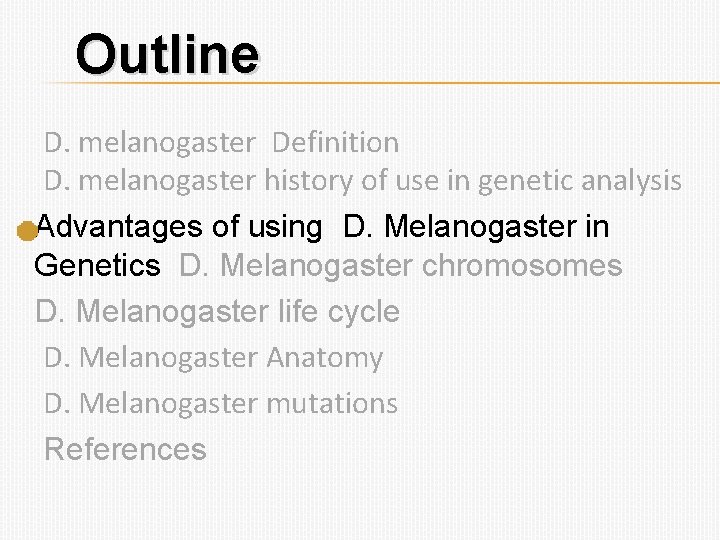 Outline D. melanogaster Definition D. melanogaster history of use in genetic analysis Advantages of