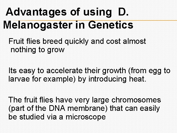 Advantages of using D. Melanogaster in Genetics Fruit flies breed quickly and cost almost