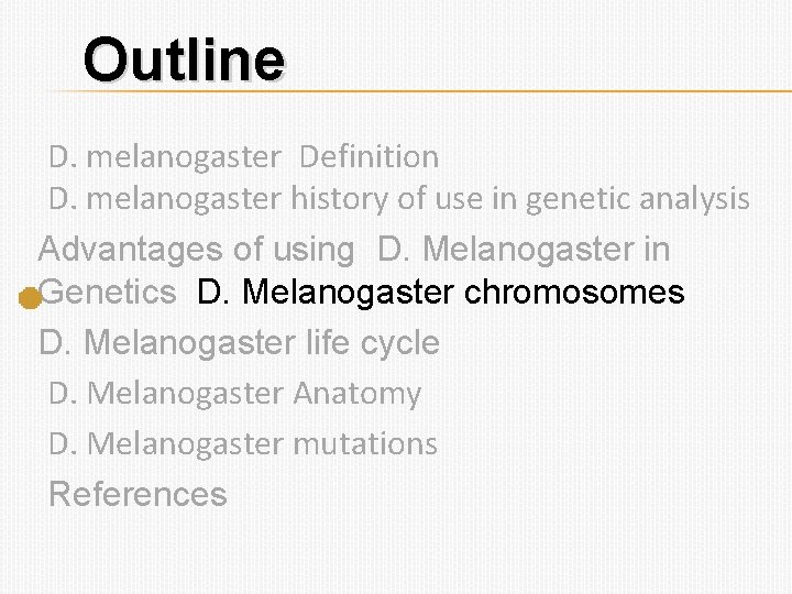 Outline D. melanogaster Definition D. melanogaster history of use in genetic analysis Advantages of