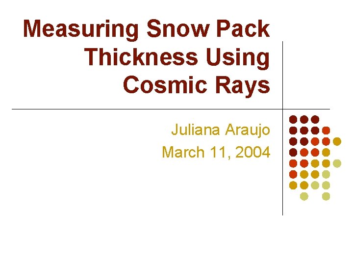 Measuring Snow Pack Thickness Using Cosmic Rays Juliana Araujo March 11, 2004 
