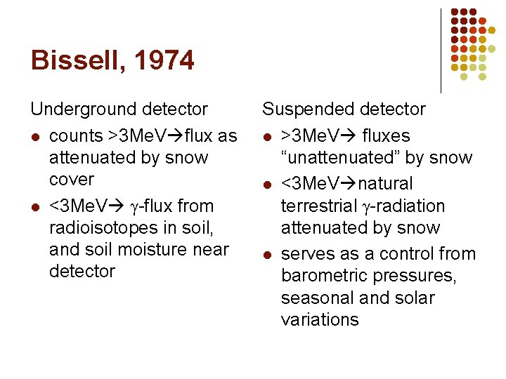Bissell, 1974 Underground detector l counts >3 Me. V flux as attenuated by snow