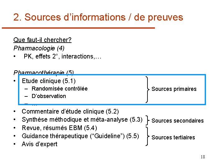 2. Sources d’informations / de preuves Que faut-il cher? Pharmacologie (4) • PK, effets