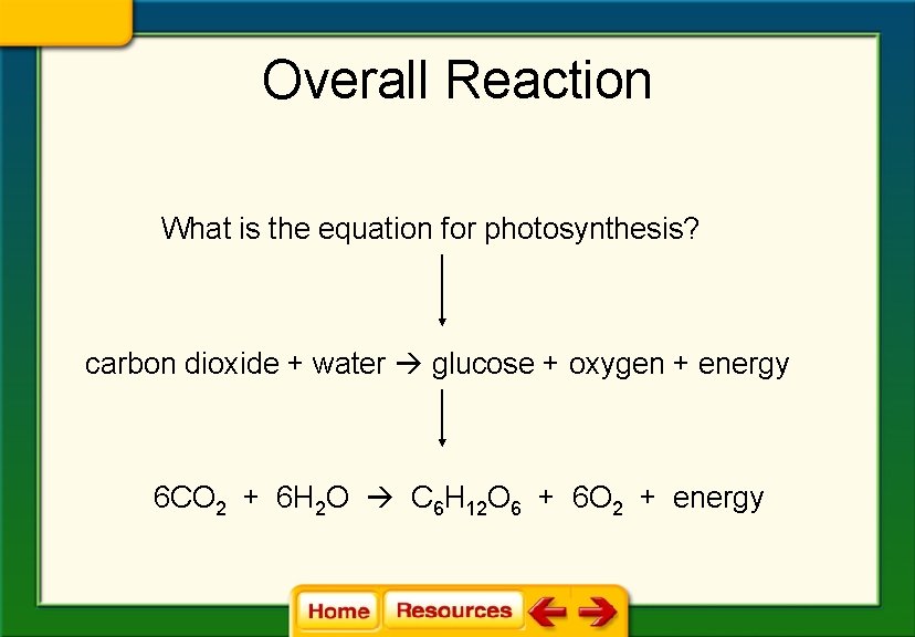 Overall Reaction What is the equation for photosynthesis? carbon dioxide + water glucose +