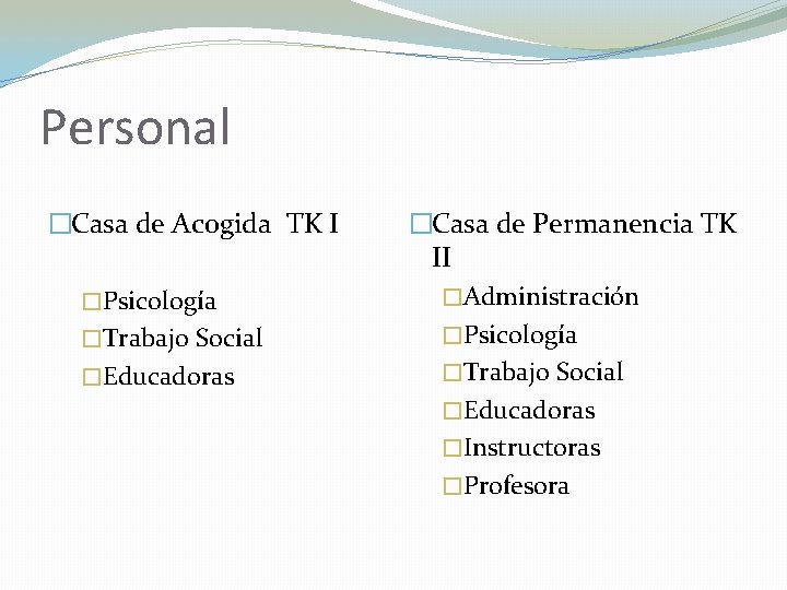 Personal �Casa de Acogida TK I �Psicología �Trabajo Social �Educadoras �Casa de Permanencia TK