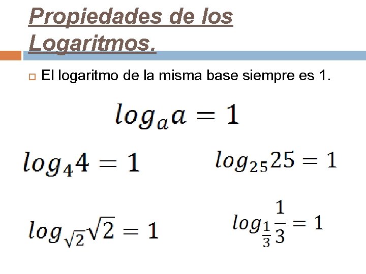 Propiedades de los Logaritmos. El logaritmo de la misma base siempre es 1. 