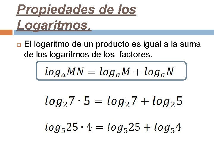 Propiedades de los Logaritmos. El logaritmo de un producto es igual a la suma